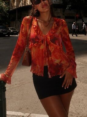 Women’s Tie-Front Ruffle Blouse - Orange Floral